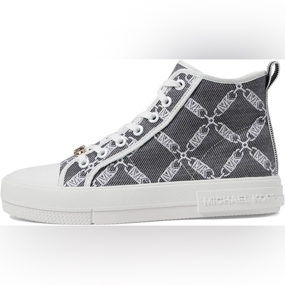 NEW Michael Kors Evy Empire Logo Jacquard High-Top Sneaker Blck/Optic White Sz 8 - Picture 5 of 13